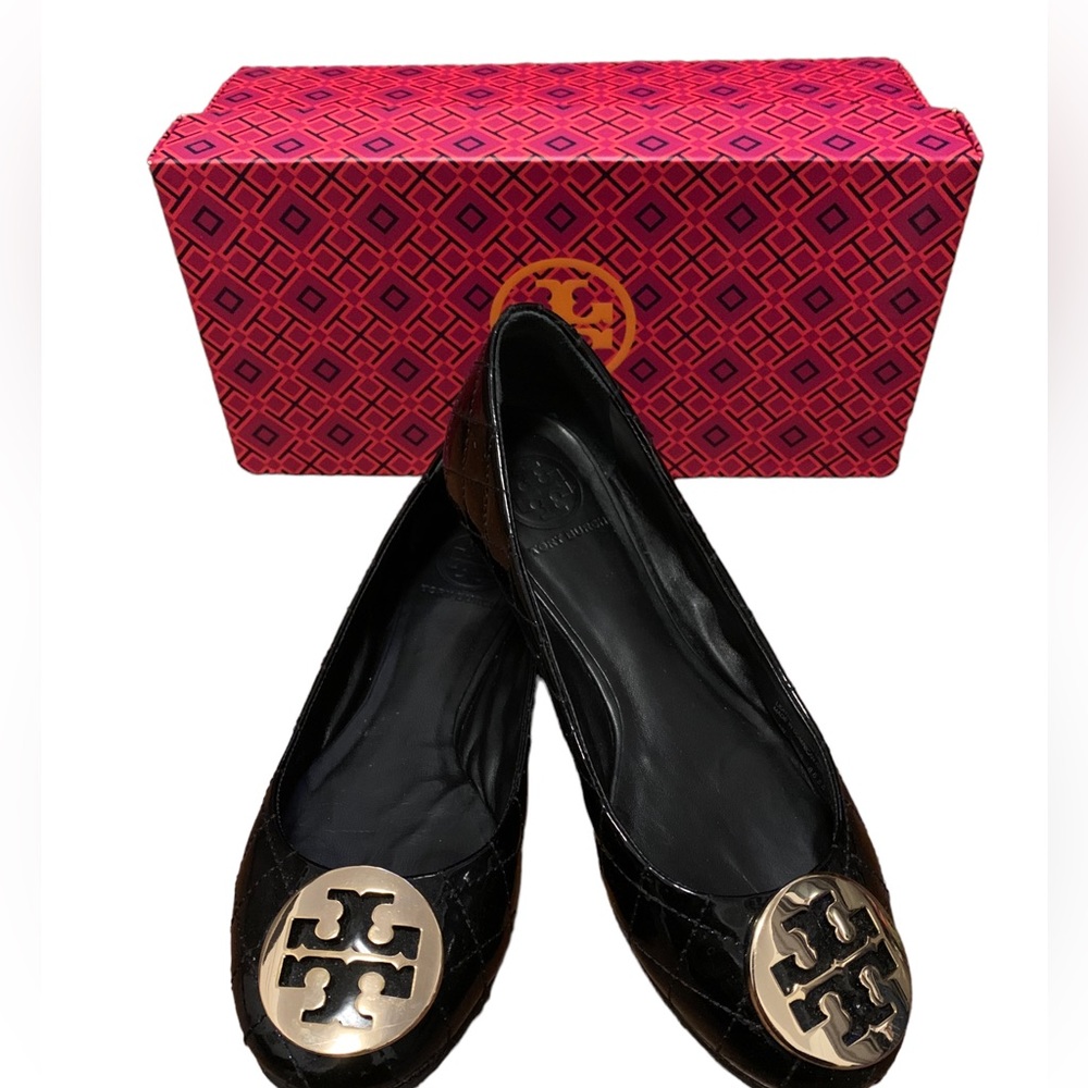 Tory Burch Quilted Black Patent Flats